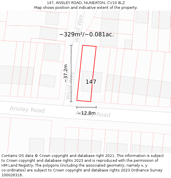 147, ANSLEY ROAD, NUNEATON, CV10 8LZ: Plot and title map