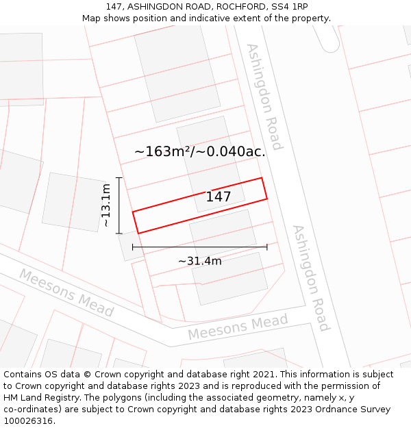 147, ASHINGDON ROAD, ROCHFORD, SS4 1RP: Plot and title map