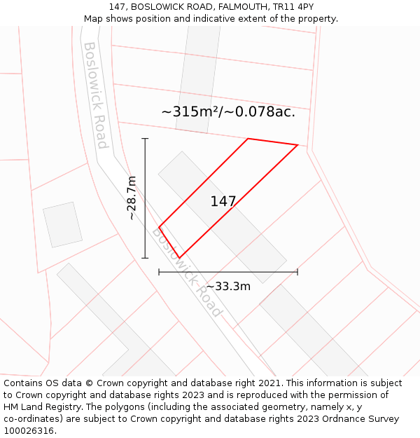 147, BOSLOWICK ROAD, FALMOUTH, TR11 4PY: Plot and title map
