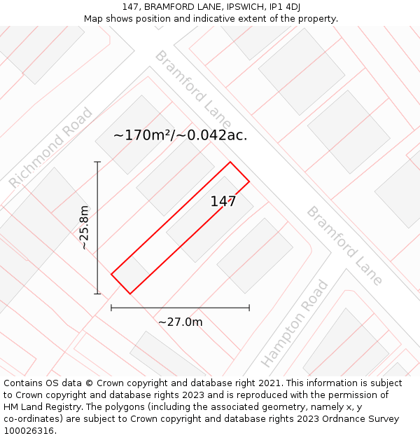 147, BRAMFORD LANE, IPSWICH, IP1 4DJ: Plot and title map