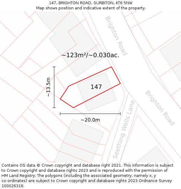 147, BRIGHTON ROAD, SURBITON, KT6 5NW: Plot and title map