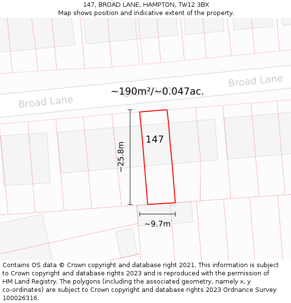 147, BROAD LANE, HAMPTON, TW12 3BX: Plot and title map