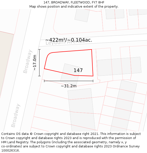 147, BROADWAY, FLEETWOOD, FY7 8HF: Plot and title map