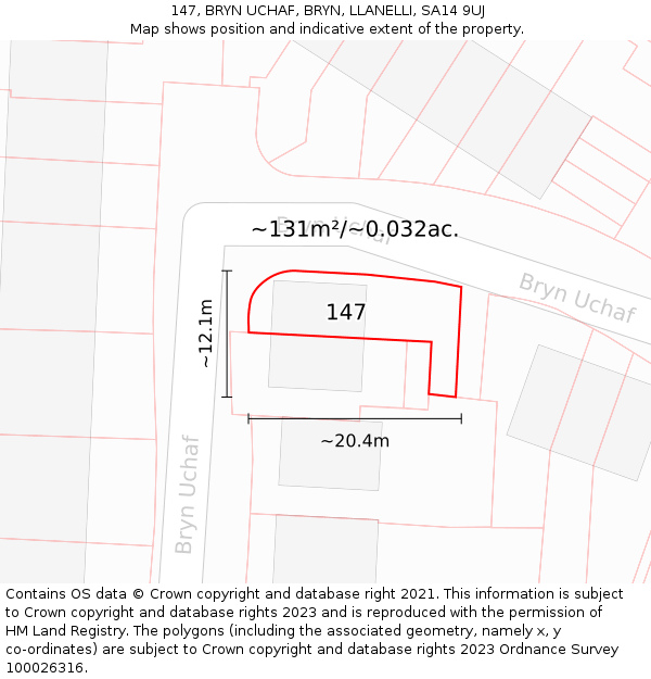 147, BRYN UCHAF, BRYN, LLANELLI, SA14 9UJ: Plot and title map