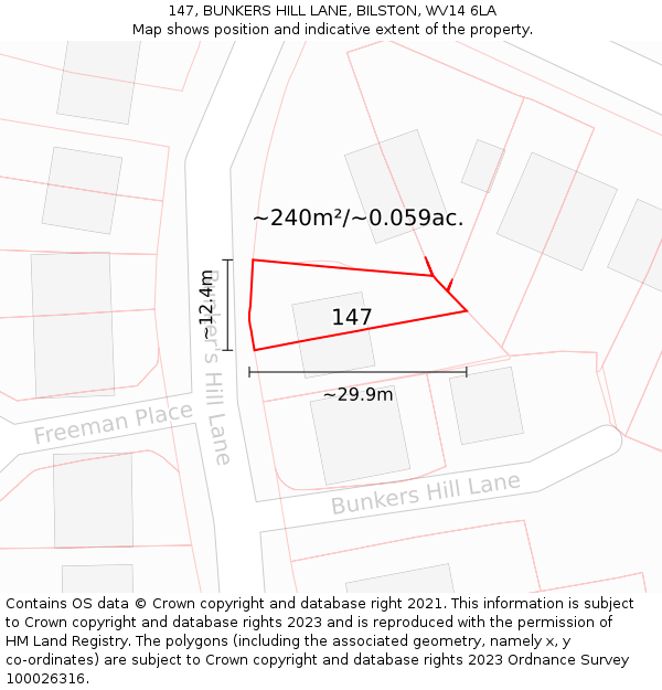 147, BUNKERS HILL LANE, BILSTON, WV14 6LA: Plot and title map