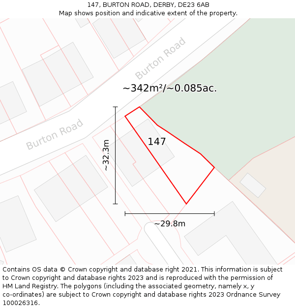 147, BURTON ROAD, DERBY, DE23 6AB: Plot and title map