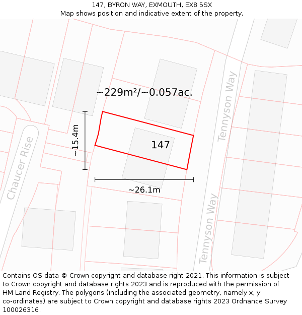 147, BYRON WAY, EXMOUTH, EX8 5SX: Plot and title map