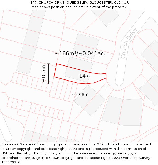 147, CHURCH DRIVE, QUEDGELEY, GLOUCESTER, GL2 4UR: Plot and title map