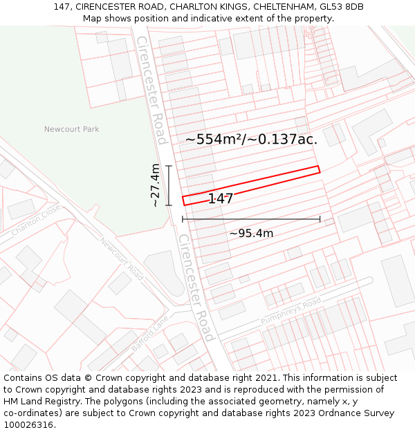 147, CIRENCESTER ROAD, CHARLTON KINGS, CHELTENHAM, GL53 8DB: Plot and title map