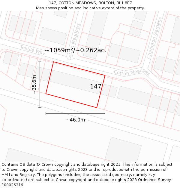 147, COTTON MEADOWS, BOLTON, BL1 8FZ: Plot and title map