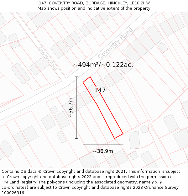 147, COVENTRY ROAD, BURBAGE, HINCKLEY, LE10 2HW: Plot and title map