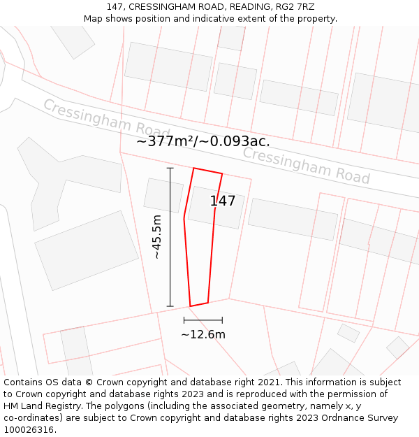 147, CRESSINGHAM ROAD, READING, RG2 7RZ: Plot and title map