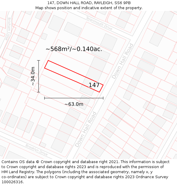 147, DOWN HALL ROAD, RAYLEIGH, SS6 9PB: Plot and title map