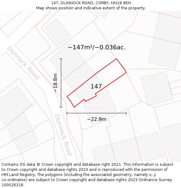 147, DUNNOCK ROAD, CORBY, NN18 8EN: Plot and title map