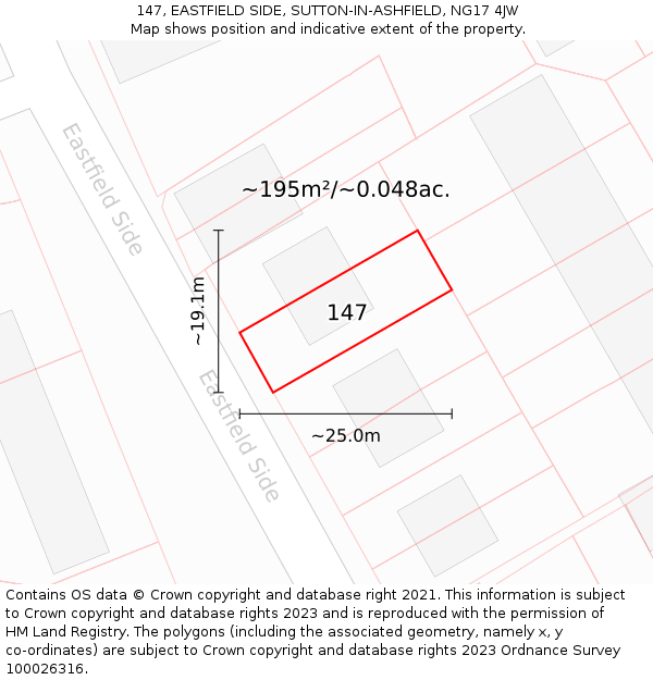 147, EASTFIELD SIDE, SUTTON-IN-ASHFIELD, NG17 4JW: Plot and title map