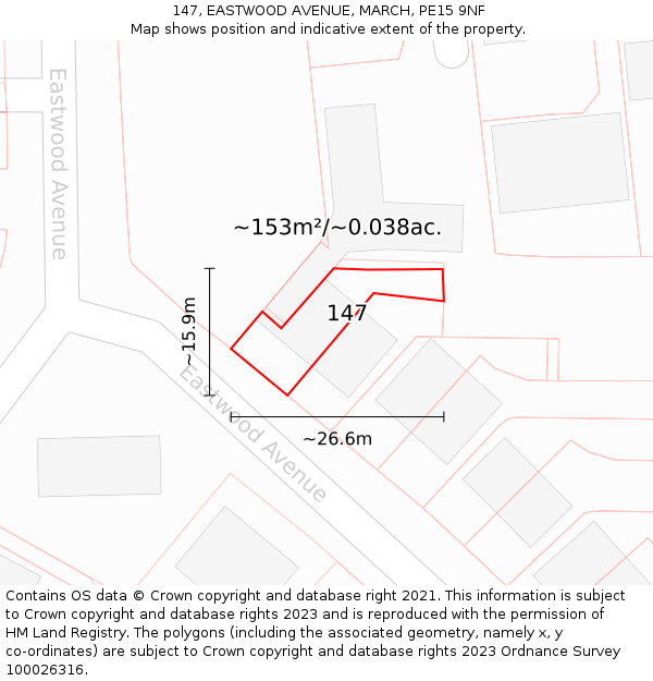 147, EASTWOOD AVENUE, MARCH, PE15 9NF: Plot and title map