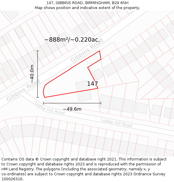 147, GIBBINS ROAD, BIRMINGHAM, B29 6NH: Plot and title map