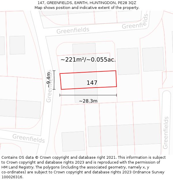 147, GREENFIELDS, EARITH, HUNTINGDON, PE28 3QZ: Plot and title map