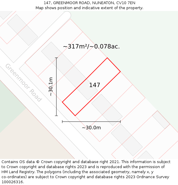 147, GREENMOOR ROAD, NUNEATON, CV10 7EN: Plot and title map