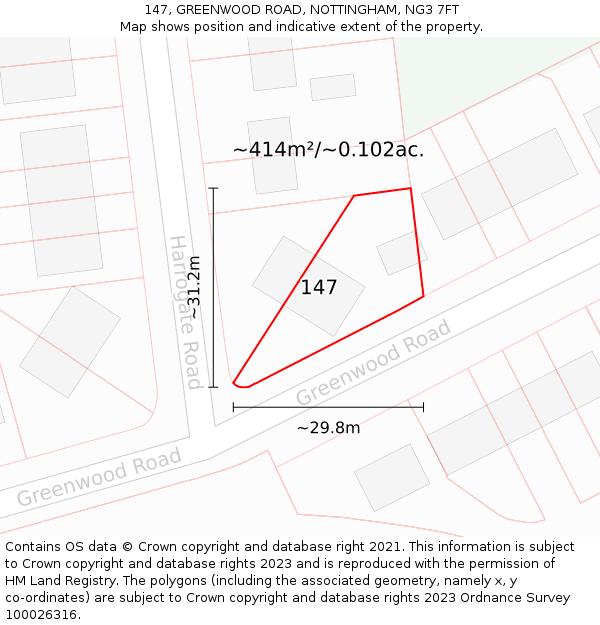 147, GREENWOOD ROAD, NOTTINGHAM, NG3 7FT: Plot and title map