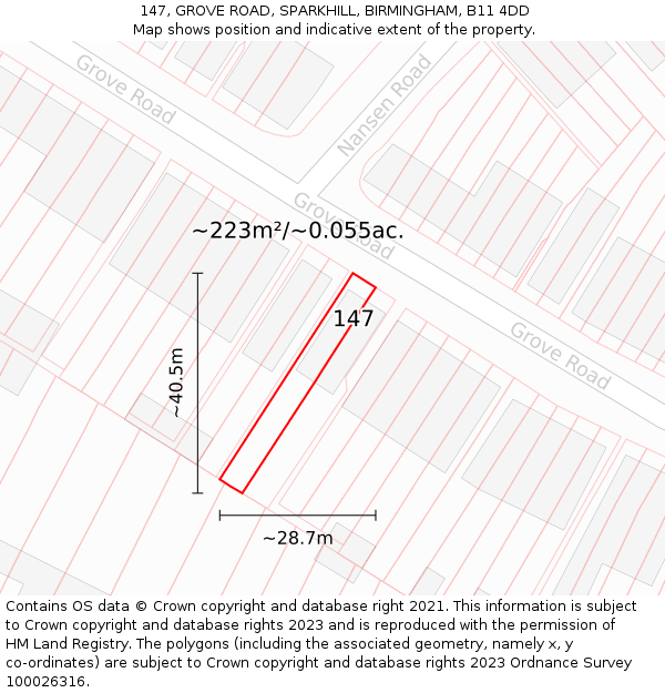 147, GROVE ROAD, SPARKHILL, BIRMINGHAM, B11 4DD: Plot and title map