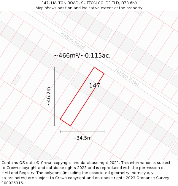 147, HALTON ROAD, SUTTON COLDFIELD, B73 6NY: Plot and title map