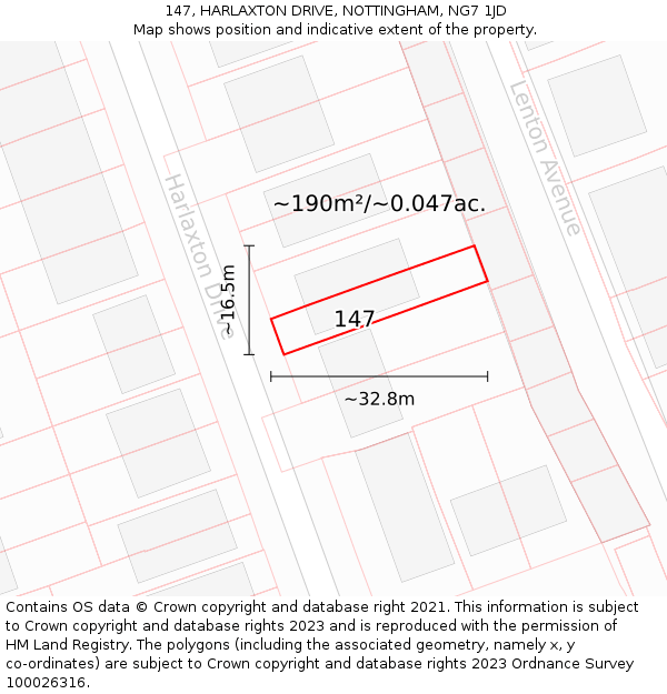 147, HARLAXTON DRIVE, NOTTINGHAM, NG7 1JD: Plot and title map