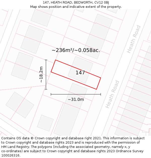 147, HEATH ROAD, BEDWORTH, CV12 0BJ: Plot and title map