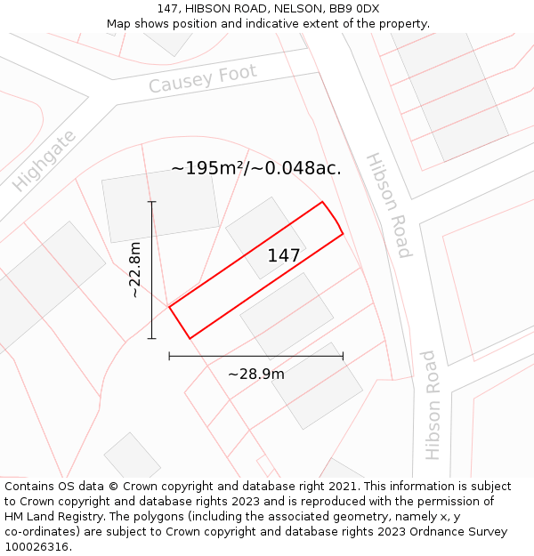 147, HIBSON ROAD, NELSON, BB9 0DX: Plot and title map