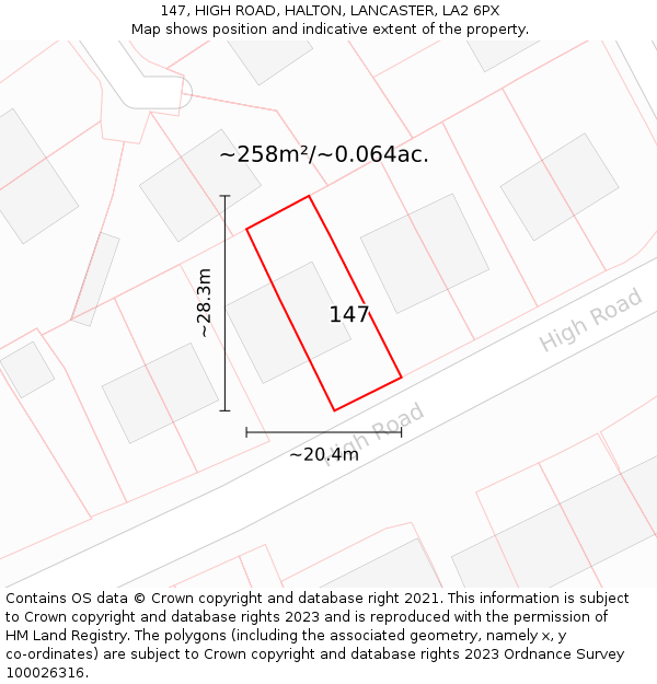 147, HIGH ROAD, HALTON, LANCASTER, LA2 6PX: Plot and title map