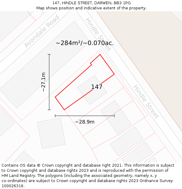 147, HINDLE STREET, DARWEN, BB3 1PG: Plot and title map