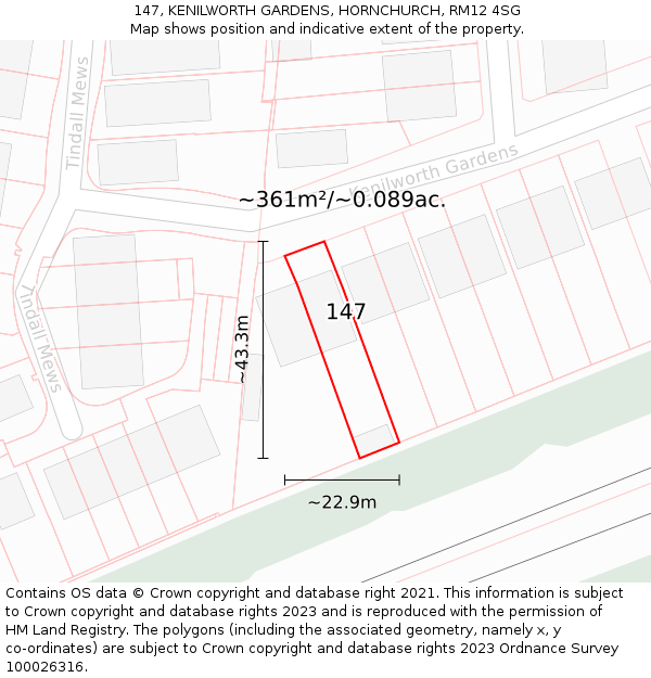 147, KENILWORTH GARDENS, HORNCHURCH, RM12 4SG: Plot and title map