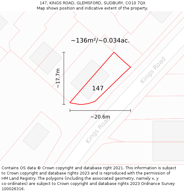 147, KINGS ROAD, GLEMSFORD, SUDBURY, CO10 7QX: Plot and title map