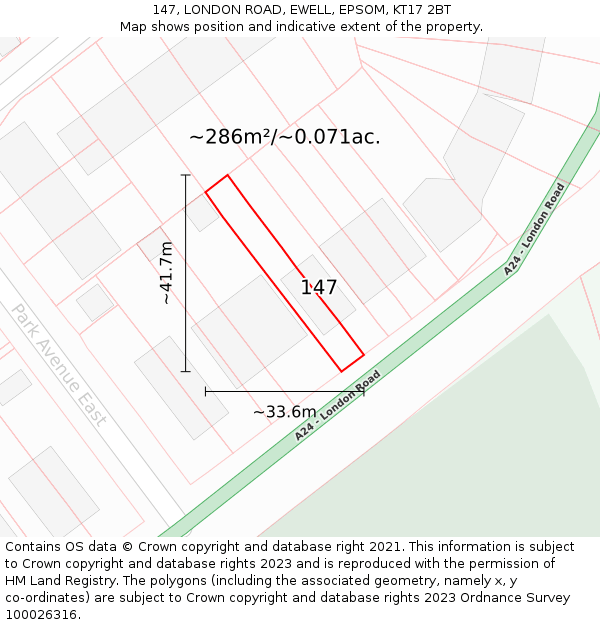 147, LONDON ROAD, EWELL, EPSOM, KT17 2BT: Plot and title map