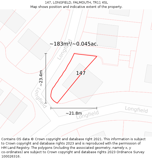 147, LONGFIELD, FALMOUTH, TR11 4SL: Plot and title map