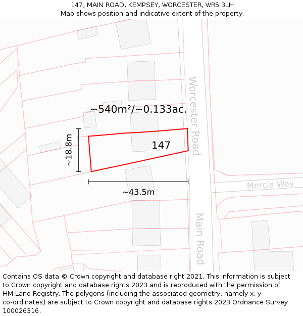 147, MAIN ROAD, KEMPSEY, WORCESTER, WR5 3LH: Plot and title map