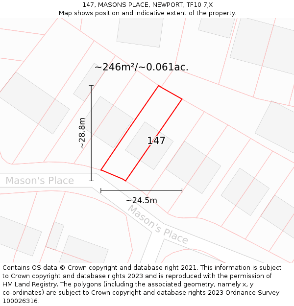 147, MASONS PLACE, NEWPORT, TF10 7JX: Plot and title map