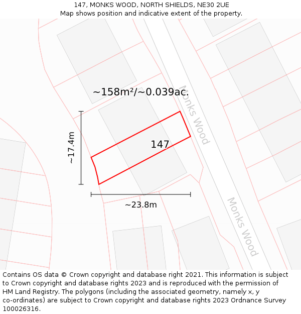 147, MONKS WOOD, NORTH SHIELDS, NE30 2UE: Plot and title map