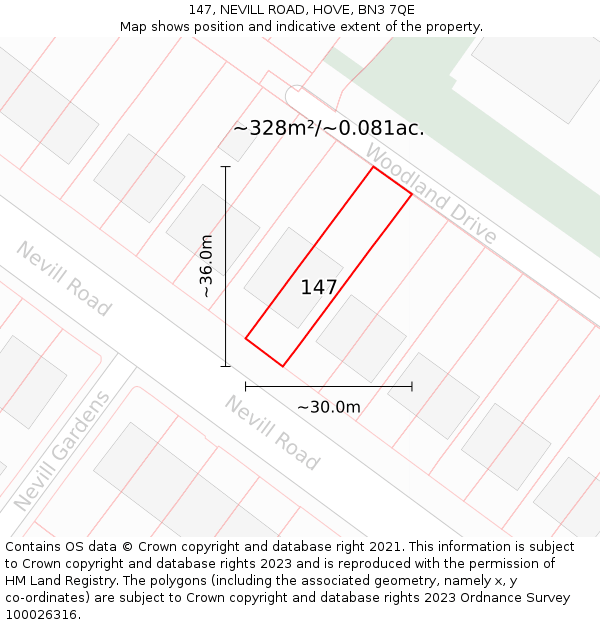 147, NEVILL ROAD, HOVE, BN3 7QE: Plot and title map