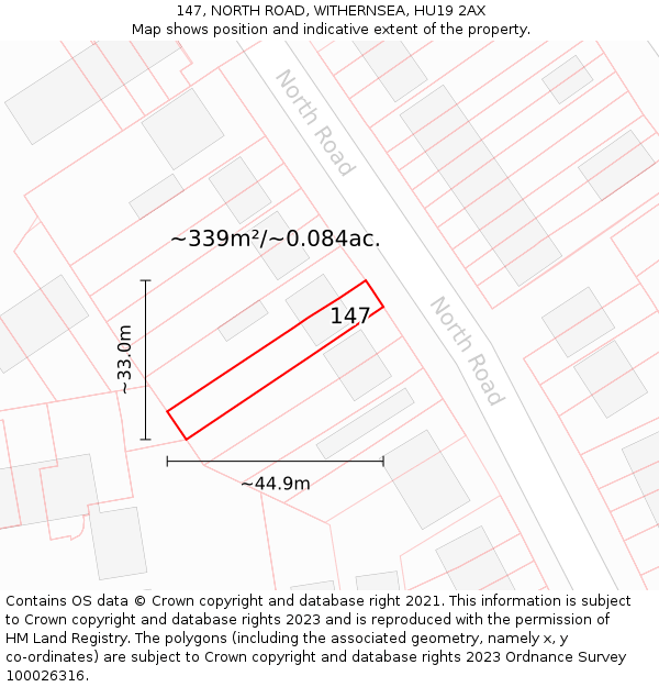 147, NORTH ROAD, WITHERNSEA, HU19 2AX: Plot and title map