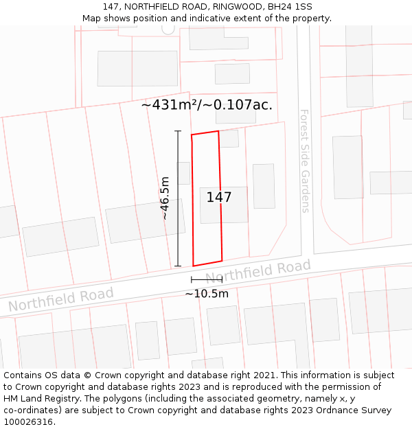 147, NORTHFIELD ROAD, RINGWOOD, BH24 1SS: Plot and title map