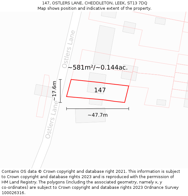 147, OSTLERS LANE, CHEDDLETON, LEEK, ST13 7DQ: Plot and title map