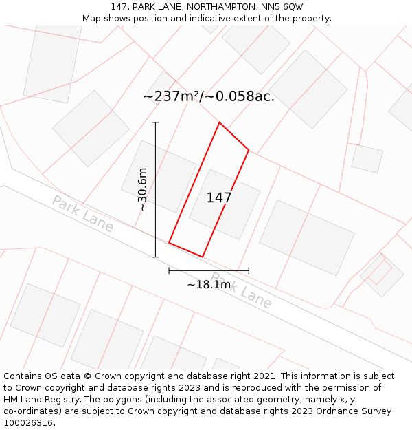 147, PARK LANE, NORTHAMPTON, NN5 6QW: Plot and title map