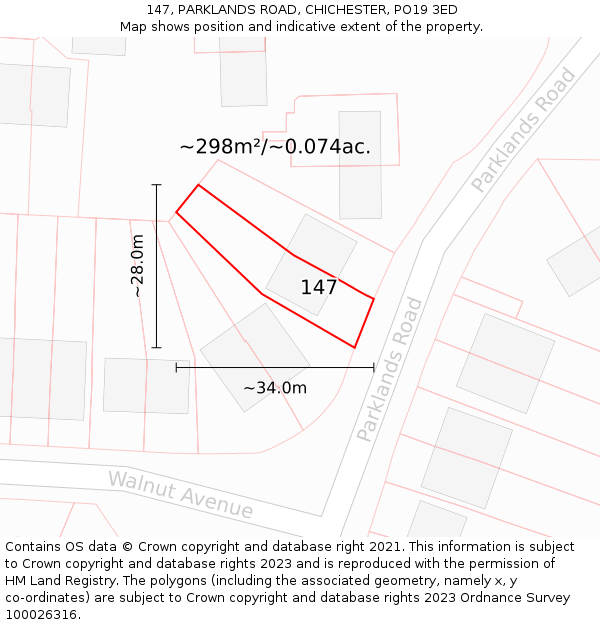 147, PARKLANDS ROAD, CHICHESTER, PO19 3ED: Plot and title map