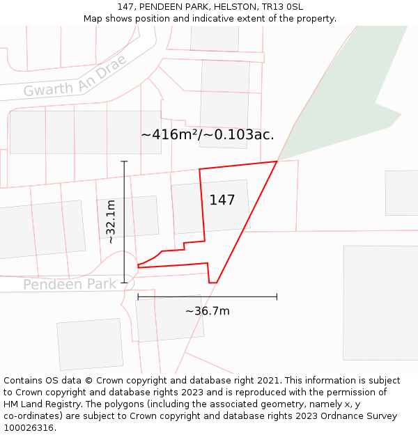 147, PENDEEN PARK, HELSTON, TR13 0SL: Plot and title map