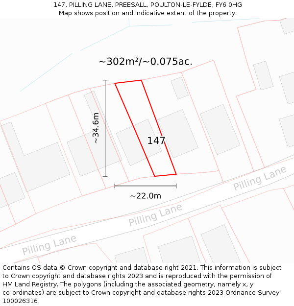 147, PILLING LANE, PREESALL, POULTON-LE-FYLDE, FY6 0HG: Plot and title map