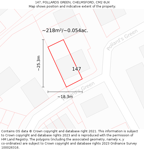 147, POLLARDS GREEN, CHELMSFORD, CM2 6UX: Plot and title map