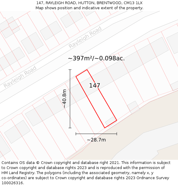 147, RAYLEIGH ROAD, HUTTON, BRENTWOOD, CM13 1LX: Plot and title map