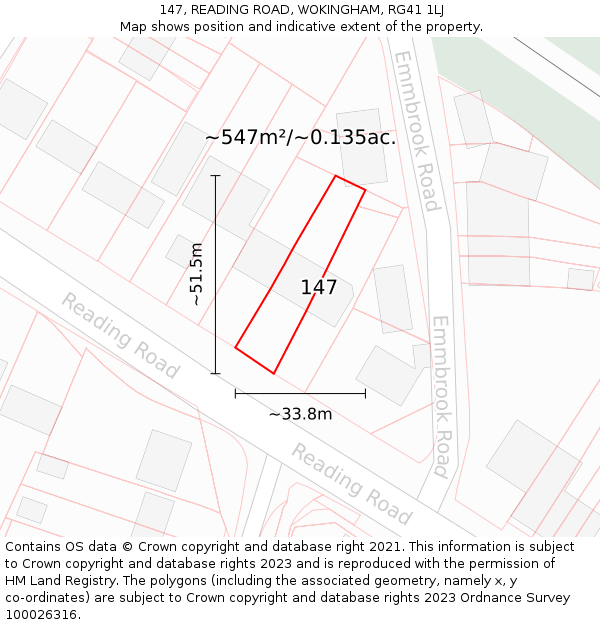 147, READING ROAD, WOKINGHAM, RG41 1LJ: Plot and title map