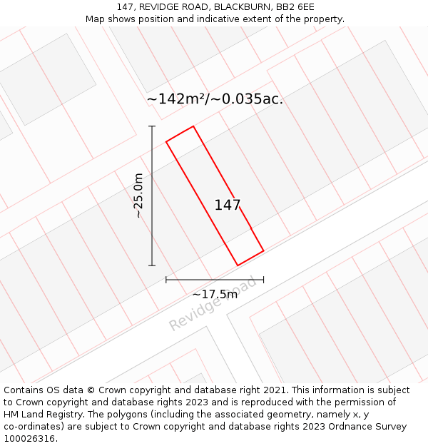 147, REVIDGE ROAD, BLACKBURN, BB2 6EE: Plot and title map